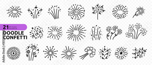 Doodle Сonfetti Firecracker Effect Isolated Icon Kit. Hand Drawn Celebrate Firework Element Bundle in Transparent Background. Line Vector Png Element Set