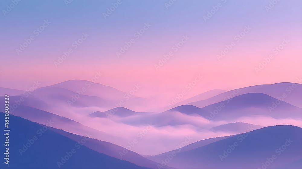 Fototapeta premium Dreamy Misty Mountain Landscape With Soft Pastel Sky, Calm Fog Layers and Peaceful Atmosphere Background