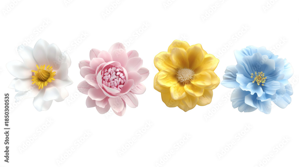 Obraz premium Set of white blue yellow and pink flowers 3D render icon isolated on white background