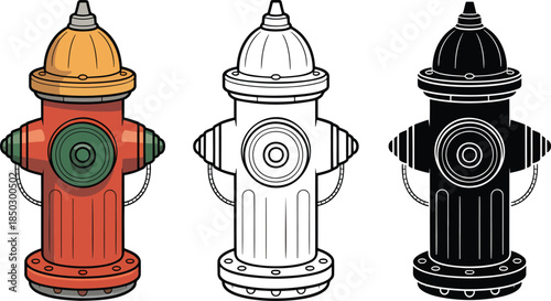 Fire hydrant silhouette & Outline and illustration set isolated on transparent background