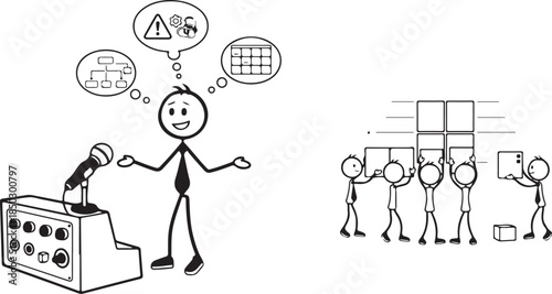 Stick figure giving a presentation with thought bubbles showing charts and warnings, next to a team building a structure