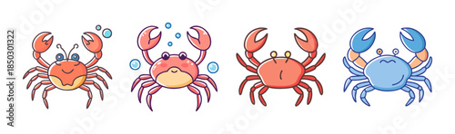 Cartoon Crabs in Various Colors and Poses, Oceanic Characters