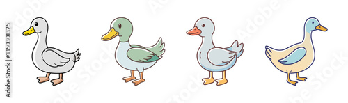 Colorful Cartoon Ducks in a Row, Various Breeds and Feathers
