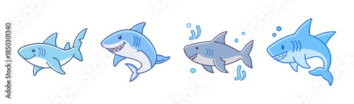 Cartoon Blue Sharks Swimming in Ocean Water with Bubbles