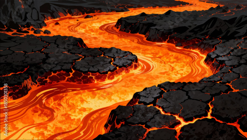 Lava and molten metal hot lava with flowing shapes, bright orange glow and black crust, the effect of power and creative destructiveness. For scenes of natural disasters, fantasy and game art. EPS_04.