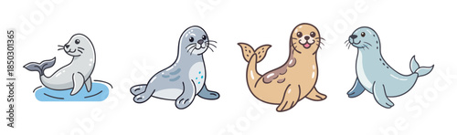 Adorable Cartoon Seal Illustrations in Various Colors and Poses