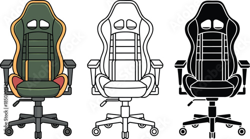 Gaming chair silhouette & Outline and illustration set isolated on transparent background