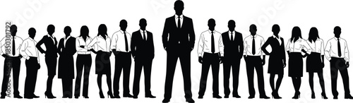 Business professionals silhouette, corporate leadership, teamwork concept, professional unity, office attire, career success, standing group, hierarchy, organization, collaboration