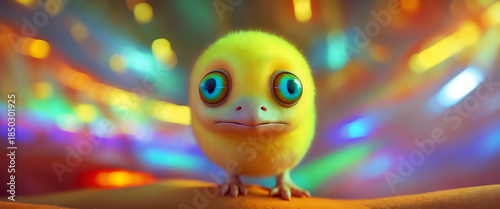 Yellow Baby Bird With Big Blue Eyes in a Colorful Dreamy Background