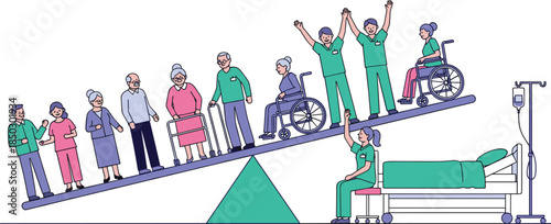 Healthcare balance, elderly care, medical teamwork, caregiver support, hospital scene, seesaw concept, patient assistance, nursing staff, wellness, aging, compassion