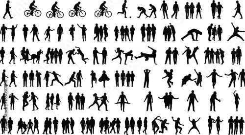 Large collection of people silhouettes performing various activities, walking, cycling, running, jumping, and interacting in a diverse community vector set.