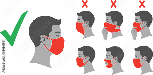 Infographic showing correct and incorrect ways to wear a face mask, man with red mask instructions, health safety tips, isolated.