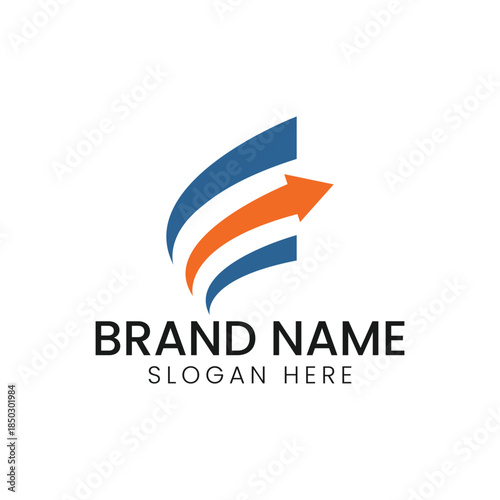 Free Download Letter E Business Growth Logo with Orange Rising Arrow and Corporate Blue Swooshes, Abstract Financial Trajectory Icon Featuring Forward Motion Arrow and Modern Graphic Elements - GFXLoad