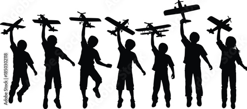 Silhouette set of happy children jumping and playing with toy airplanes, group of kids dreaming of flying, aviation childhood fun.