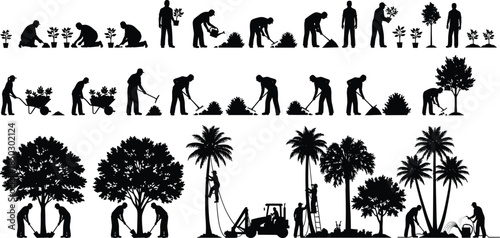 Silhouette set of gardeners planting trees, watering plants, using wheelbarrows, raking leaves, and professional landscaping maintenance workers on white background.