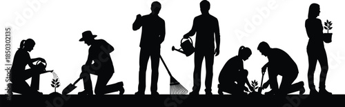 Silhouette set of people gardening and planting trees, collection of men and women with rakes, watering cans, and shovels, isolated.