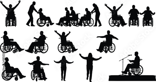 Silhouette set of people in wheelchairs, collection of disabled men and women, mobility assistance, handicap accessibility, inclusion, and healthcare icons.