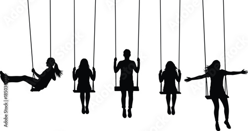 Silhouette set of people on swings, collection of men and women swinging in the air, outdoor leisure activity, playground fun.