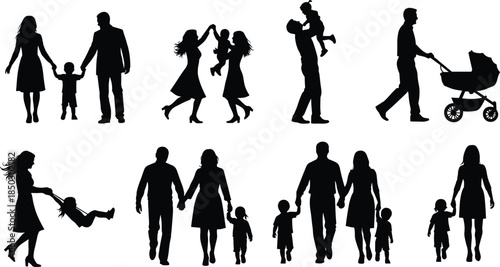 Silhouette set of professional drummers playing drum kits in various poses, percussionist performance icons, musical band rhythm section, isolated vector.