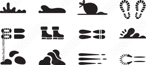 Footprints and tracks on various surfaces