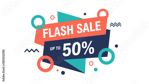Vibrant flash sale banner with 'UP TO 50%' discount text and abstract geometric shapes on a white background, perfect for promotions.