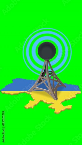 Loopable 3D animation of a telecom tower on a Ukraine map flag emitting signal waves. Ideal for mobile, broadcasting, and connectivity concepts. Chroma key green screen with alpha channel.