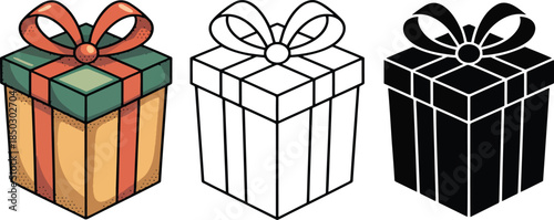 Gift Box silhouette & Outline and illustration set isolated on transparent background