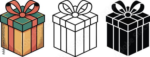 Gift Box silhouette & Outline and illustration set isolated on transparent background