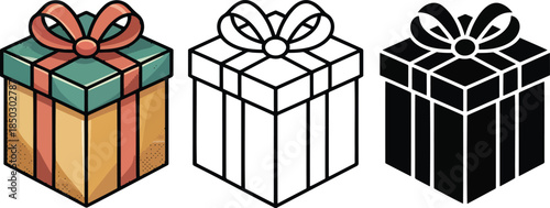 Gift Box silhouette & Outline and illustration set isolated on transparent background