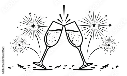 Two clinking champagne glasses with festive fireworks and confetti celebration line art