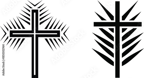 set of christian cross icons with palm branches in flat black and white style for palm sunday and easter