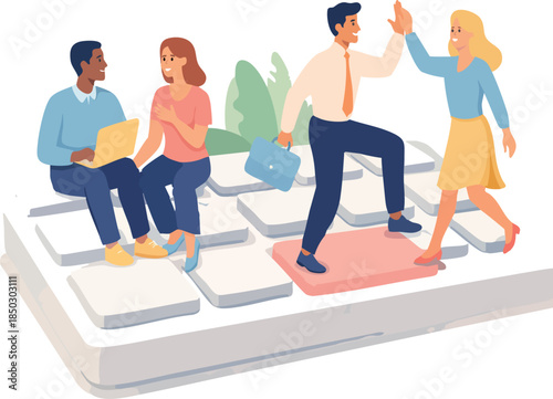 A flat modern illustration shows diverse people collaborating and celebrating success while standing and sitting on oversized keyboard keys in a symbolic digital workspace.