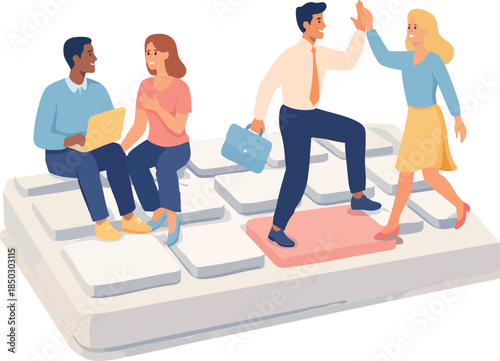 A flat vector illustration shows diverse colleagues collaborating and celebrating success by interacting on oversized keyboard keys in a modern, friendly workplace scene.