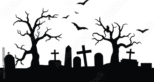 vector black silhouette of a scary cemetery landscape with graves, crooked trees and flying bats - halloween themed seamless panorama vector illustration