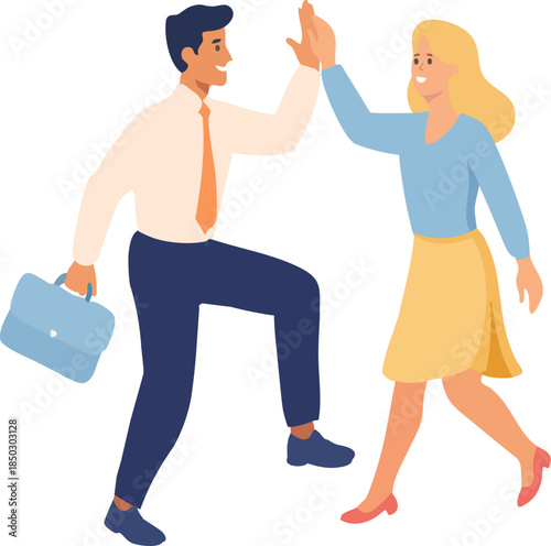 A flat vector illustration shows two cheerful coworkers giving each other a high-five in a celebratory business moment, symbolizing teamwork and success.