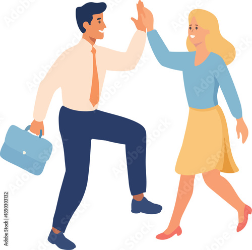 A flat vector illustration shows two cheerful coworkers giving each other a high-five in a celebratory business moment, symbolizing teamwork and success.