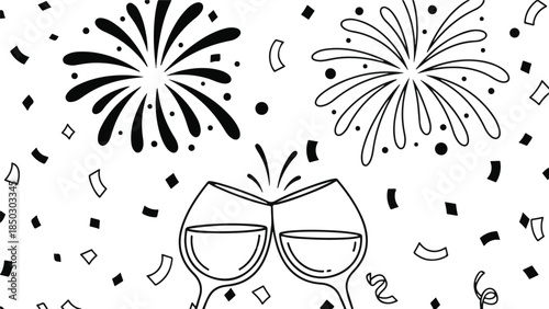 Celebration toast with champagne flutes and sparkling star fireworks line art