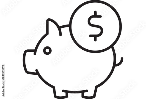 Simple black line art of a piggy bank with a dollar sign on transparent background silhouette
