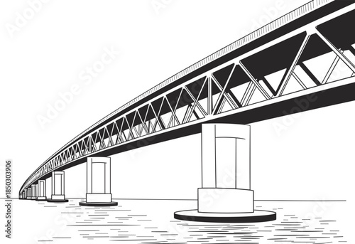 Bridge line drawing, black and white sketch, truss design, civil engineering, architectural structure, water crossing, piers, perspective, infrastructure, art