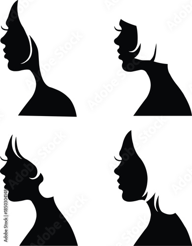 Set of black vector woman silhouette with differend haircuts - beauty salon or hairdresser icons vector illustration