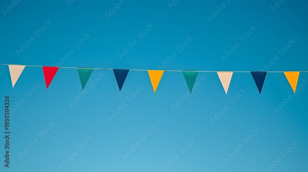 Obraz premium Festive Banner Against Azure Sky: A vibrant string of colorful triangle flags dances against a clear, azure sky, evoking a sense of festivity and joy.