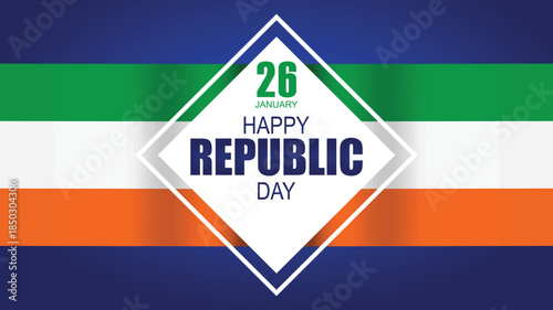 A graphic celebrating India's Republic Day on January 26th with a diamond shape over a tricolor background.