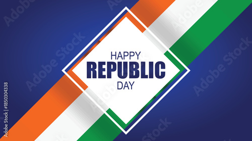 A vibrant graphic celebrating Happy Republic Day with Indian flag colors of saffron, white, and green on a blue background, featuring a central diamond text.