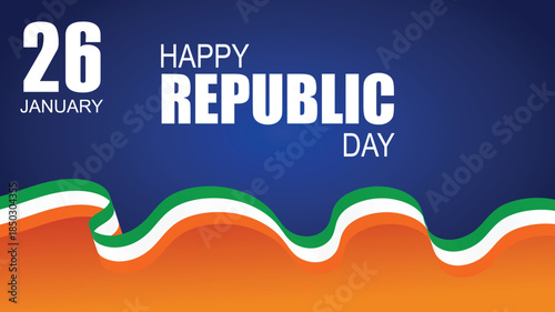 Happy Republic Day India banner with wavy tricolor ribbon on blue background.