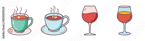 A collection of doodle style illustrations featuring hot beverages like coffee and cold drinks like wine