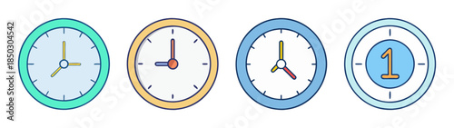 A collection of four analog clock icons illustrating different times and styles with unique color combinations.