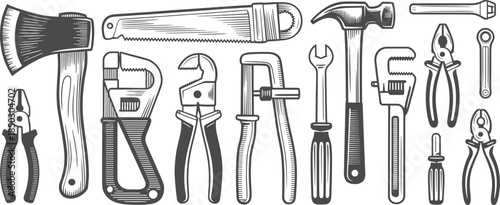 Hand tools illustration, black and white sketch, wrench, hammer, screwdriver, pliers, clamp, axe, saw, DIY repair, mechanical art