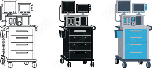 Set of medical ventilator icons in outline silhouette and color representing respiratory support equipment for healthcare and hospital use