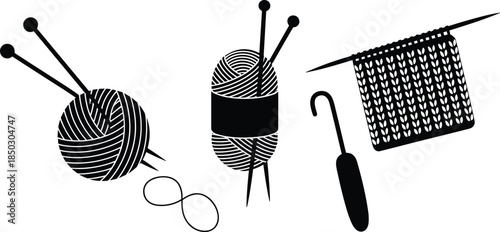 Knitting crochet illustration, black and white sketch, yarn ball, needles, fabric, hook, textile craft, handmade, loop, art