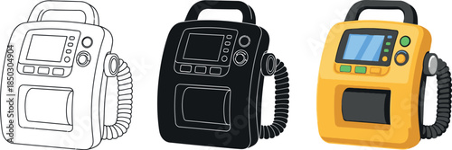 Collection of defibrillator icons in outline black and color representing emergency medical equipment for healthcare and safety concepts